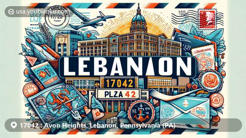 Modern illustration of ZIP Code 17042 in Lebanon, PA, featuring Plaza 422 as a community and commerce landmark, with airmail envelope, postcard, stamps, and postmarks. Includes Lebanon County outline and Pennsylvania symbols.