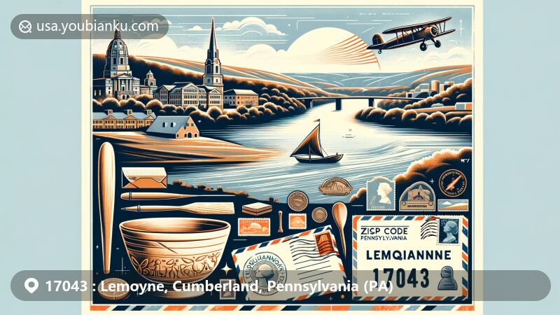 Modern illustration of Lemoyne, Pennsylvania, linked to ZIP code 17043, featuring Susquehanna River and postal theme with vintage air mail elements, stamps, and postmark. Includes artistic representation of Susquehannock village artifacts.