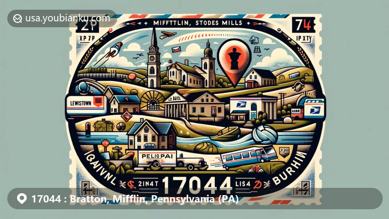 Modern illustration of Lewistown, Mifflin County, Pennsylvania, highlighting ZIP code 17044 and local landmarks like Granville and Strodes Mills, integrating postal elements and symbols.