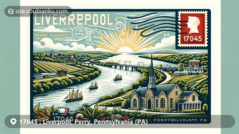 Modern illustration of Liverpool, Perry County, Pennsylvania, featuring scenic Susquehanna River and Winery at Hunters Valley, incorporating vintage postal theme with ZIP code 17045.