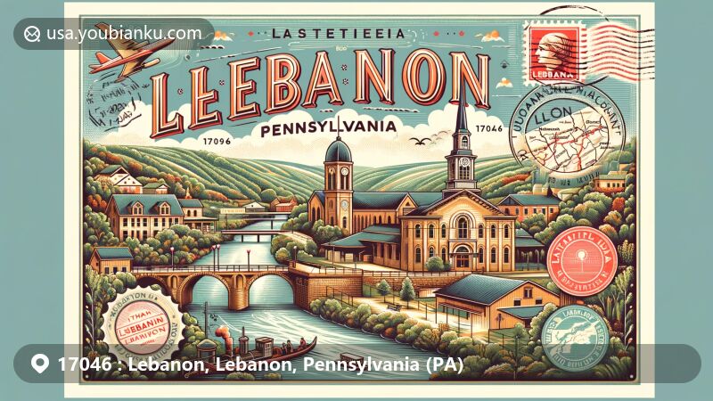 Modern illustration of Lebanon, Pennsylvania, highlighting iconic elements like Lebanon bologna and the Union Canal, set in a vintage postcard style with ZIP code 17046 and a detailed map of the area.