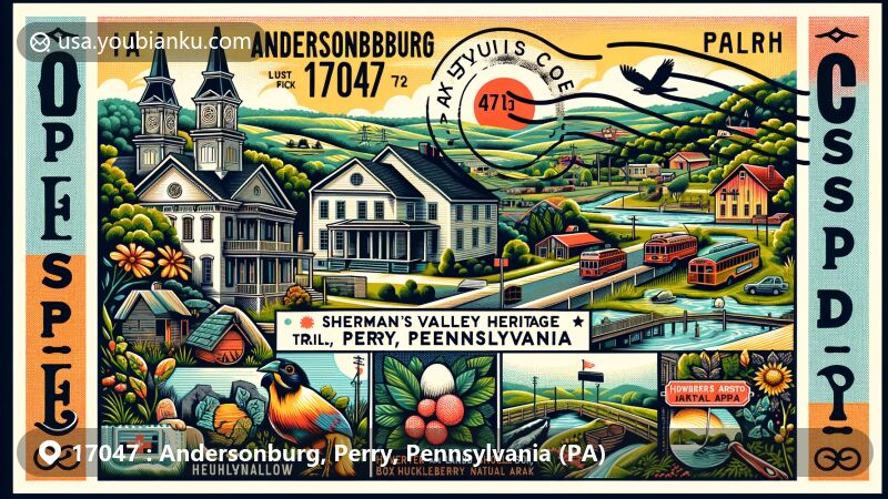 Modern illustration of Andersonburg, Perry County, Pennsylvania, featuring ZIP code 17047, highlighting Sherman's Valley Heritage Trail, historic courthouse in New Bloomfield, Fowlers Hollow State Park, Landis House and Studio, Hoverter and Sholl Box Huckleberry Natural Area.