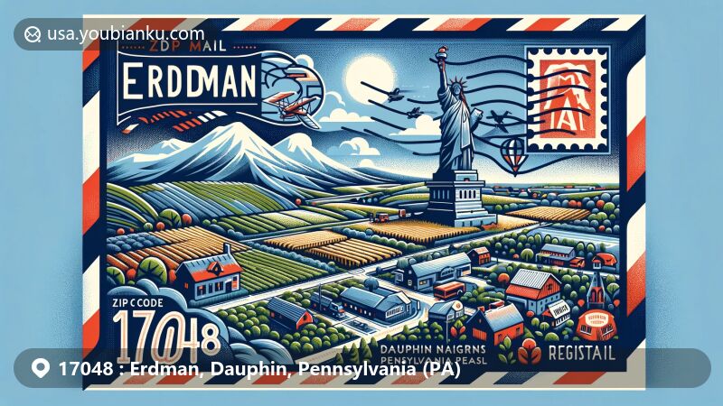 Modern illustration of Erdman, Dauphin County, Pennsylvania, showcasing postal theme with ZIP code 17048, featuring lush farmland, a mountain, village of Erdman, Dauphin Narrows Statue of Liberty, and air mail envelope design with Pennsylvania state elements.