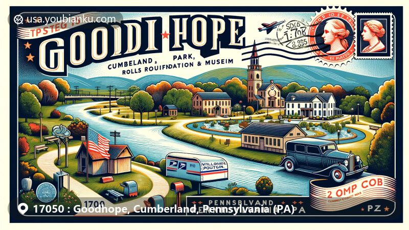 Modern illustration of Goodhope, Cumberland, Pennsylvania, showcasing postal theme with ZIP code 17050, featuring Willow Mill Park and Rolls Royce Foundation & Museum.