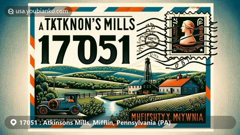 Modern illustration of Atkinsons Mills, Mifflin County, Pennsylvania, with postal theme showcasing ZIP code 17051, featuring rural landscape along U.S. Route 522 and local community vibe of Atkinsons Mills.