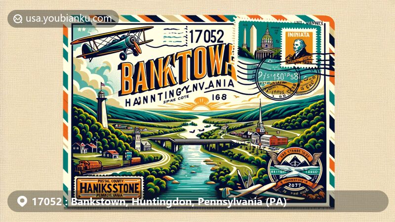 Modern illustration of Bankstown area, Huntingdon County, Pennsylvania, featuring Juniata River, Raystown Lake ruins, Indian Lookout, and East Broad Top Railroad, presented in an aviation-themed envelope with vintage postal elements.