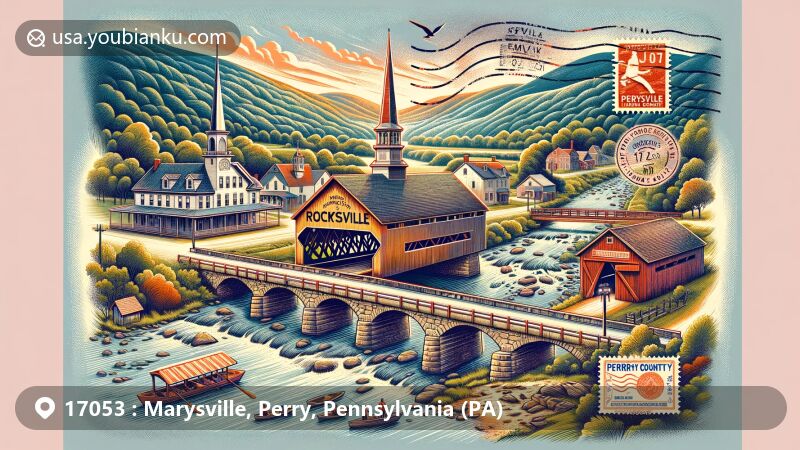 Modern illustration of Marysville, Pennsylvania, highlighting Rockville Bridge, covered bridges, outdoor activities, and scenic landscapes, with postal theme featuring vintage air mail elements and ZIP code 17053.