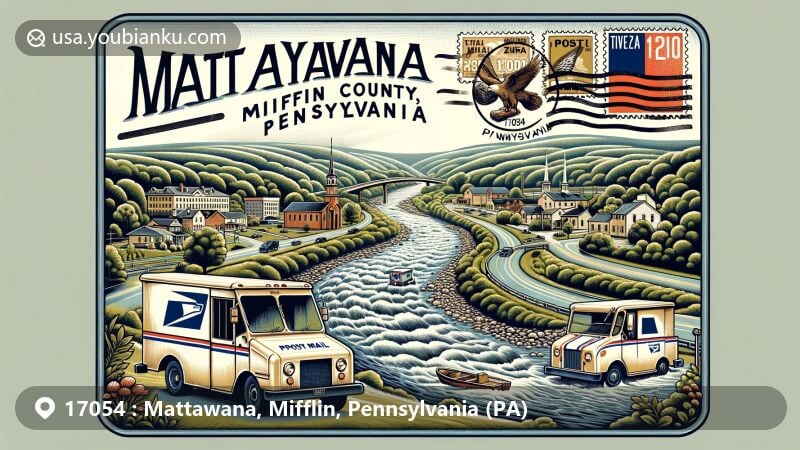 Modern illustration of Mattawana, Mifflin County, Pennsylvania, featuring Juniata River, vintage air mail envelope, ZIP code 17054, Pennsylvania state flag, and postal elements.