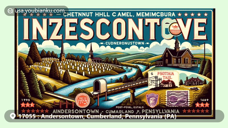 Vintage postcard-style illustration of Andersontown, Cumberland County, Pennsylvania, highlighting ZIP code 17055, featuring Chestnut Hill Cemetery and the Appalachian Trail, symbolizing Mechanicsburg's history and natural beauty. Includes Pennsylvania state flag, mailbox, stamps, postmark motifs.