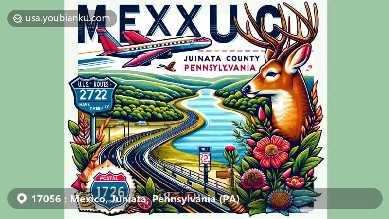 Modern illustration of Mexico, Juniata County, Pennsylvania, highlighting postal theme with ZIP code 17056, featuring Juniata River, U.S. Routes 22 and 322, local flora and fauna, airmail elements, and Pennsylvania state symbols.