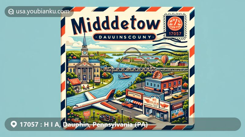 Modern illustration of Middletown, PA, centered around ZIP code 17057 in Dauphin County, showcasing postal theme with vintage postcard design, emphasizing community spirit, local parks, stores, and events.