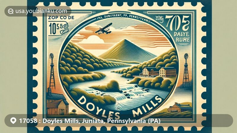Modern illustration of Doyles Mills, Juniata County, Pennsylvania, featuring Shade Mountain and Willow Run, highlighting natural beauty and postal theme with ZIP code 17058.