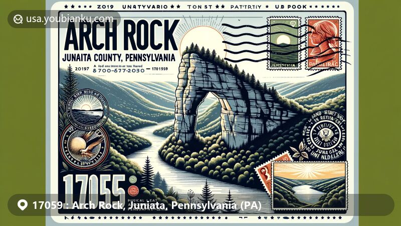 Modern illustration of Arch Rock, Juniata County, Pennsylvania, emphasizing geological feature with postal theme and ZIP code 17059, incorporating natural scenery and clean design.