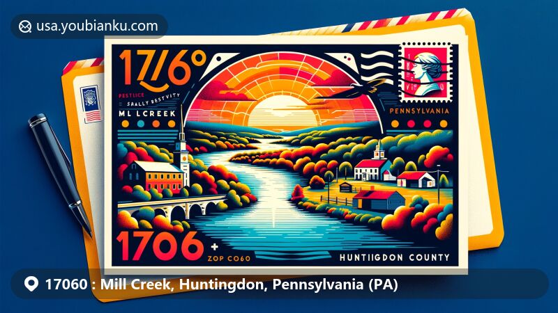 Creative illustration of Mill Creek, Huntingdon County, Pennsylvania, featuring natural beauty, postal elements, and community charm.