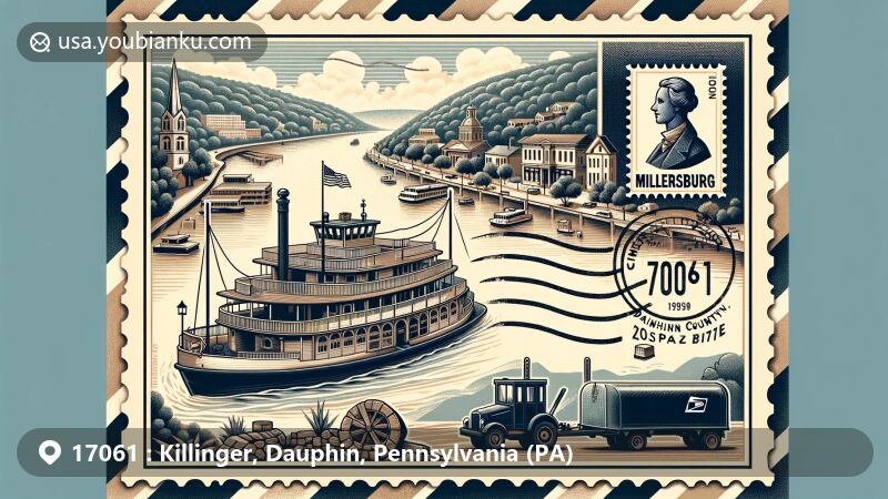 Modern illustration of Killinger, Dauphin County, Pennsylvania, combining postal elements with landmarks of Millersburg, featuring the Susquehanna River, Millersburg Ferry, and Ned Smith Center for Nature and Art.
