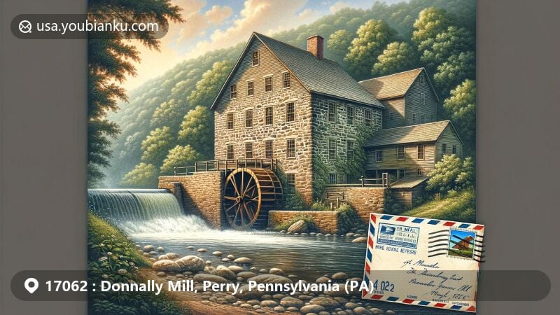 Modern illustration of Donnally Mill, Perry County, Pennsylvania, featuring historic limestone mill from 1765 along Raccoon Creek, lush green landscape, and rustic postal theme with ZIP code 17062.