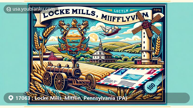 Modern illustration of Locke Mills, Mifflin, Pennsylvania, combining postal themes with state symbols, featuring Pennsylvania state coat of arms and ZIP code 17063.