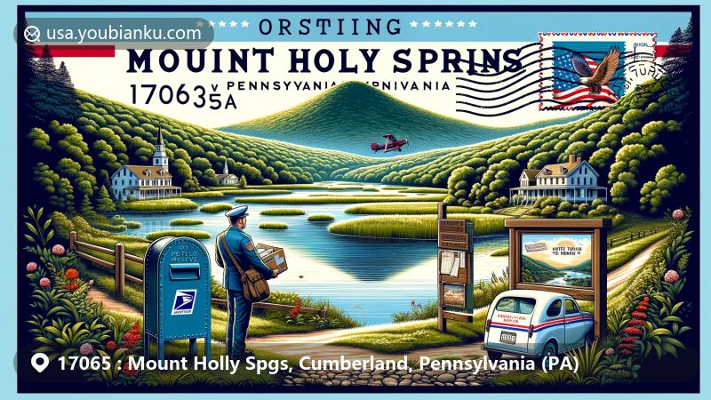 Modern illustration of Mount Holly Springs, Cumberland County, Pennsylvania, showcasing Mount Holly Marsh Preserve with rich greenery and tranquil waters. Features classic American postal elements like a postcard or airmail envelope with ZIP code 17065, vintage blue mailbox, and mail carrier in traditional uniform.