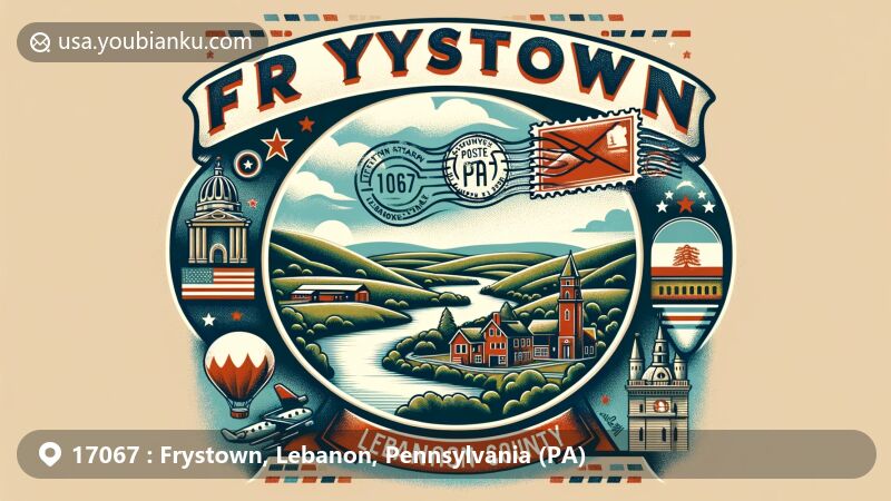 Modern illustration of Frystown, Lebanon County, Pennsylvania, showcasing postal theme with ZIP code 17067, featuring Little Swatara Creek, Pennsylvania state symbols, and vintage air mail envelope with traditional postal elements.