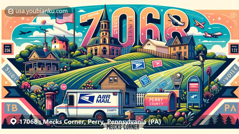 Modern illustration of Mecks Corner, Perry County, Pennsylvania, featuring postal theme with ZIP code 17068, showcasing local landmarks, rural landscapes, and postal elements like air mail envelope, postage stamps, postal truck, and mailbox.