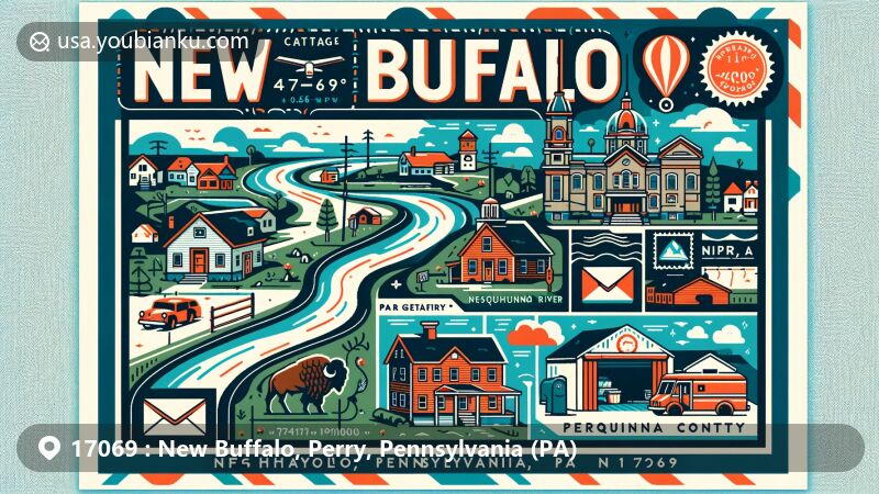Contemporary illustration of New Buffalo, Perry County, PA 17069, featuring key postal elements and local landmarks like Susquehanna River, capturing the town's charm.