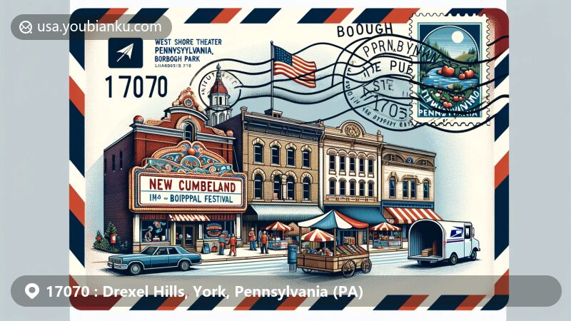 Modern illustration of New Cumberland, Pennsylvania, showcasing West Shore Theater, Borough Park, and Apple Festival, with postal elements like airmail envelope, Pennsylvania state flag, and '17070' postmark.
