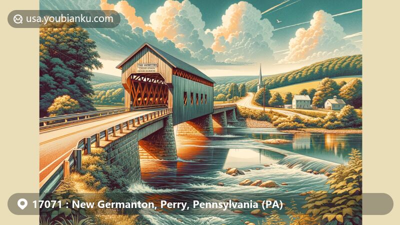 Modern illustration of New Germantown Covered Bridge in Perry County, Pennsylvania, featuring 17071 ZIP code, architectural beauty, and serene landscape.