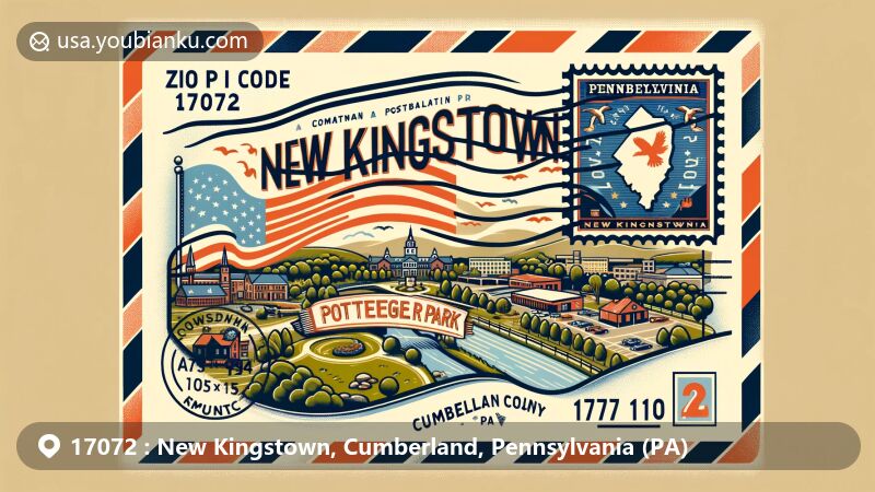 Modern illustration of New Kingstown, Cumberland County, Pennsylvania, showcasing creative postal theme with ZIP code 17072 and Potteiger Park as key landmark, framed within airmail envelope with Pennsylvania outline stamp and American flags.
