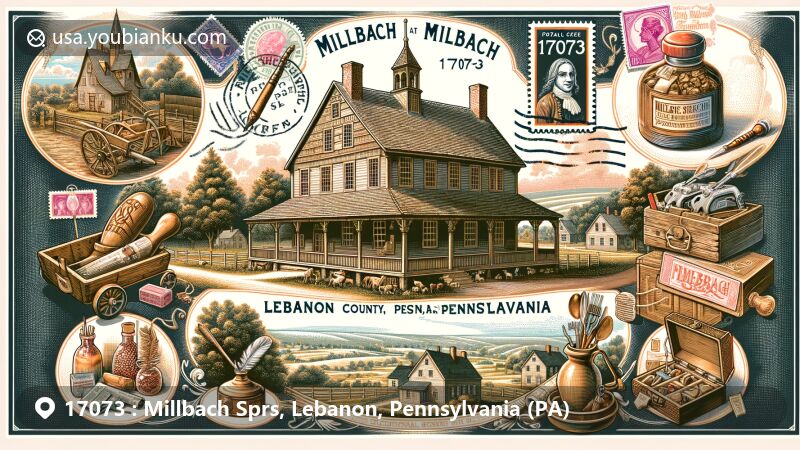 Historical illustration of Millbach Springs, Lebanon County, Pennsylvania, showcasing House of Miller with Germanic architecture and gambrel roof from 1752, surrounded by vignettes of local crafts and antiques, framed by ornate postal border with ZIP code 17073.