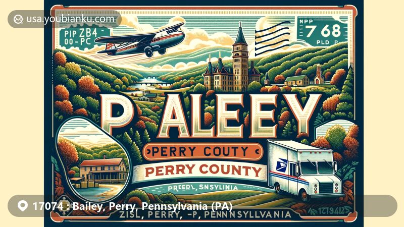 Modern illustration of Bailey, Perry County, Pennsylvania, showcasing postal theme with ZIP code 17074, featuring natural landscapes and vibrant community elements.