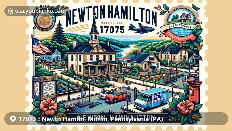 Modern illustration of Newton Hamilton, Mifflin County, Pennsylvania, with ZIP code 17075, blending postal elements with local landmarks, showcasing town's scenery and community spirit.