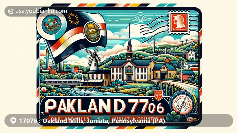 Modern illustration of Oakland Mills, Juniata County, Pennsylvania, capturing the essence of the small, unincorporated community with elements like Pennsylvania state flag, Juniata County outline, and vintage postcard design.