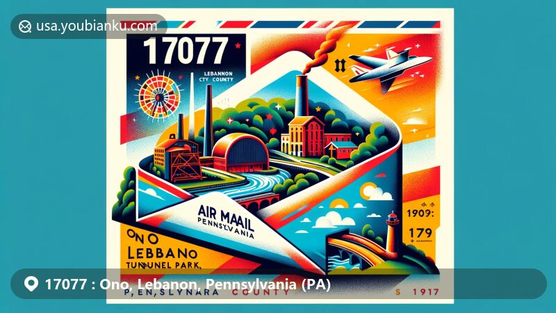 Modern illustration inspired by ZIP code 17077, showcasing Ono area in Lebanon County, Pennsylvania, featuring Cornwall Iron Furnace and Union Canal Tunnel Park, Susquehanna River, and Pennsylvania state flag.