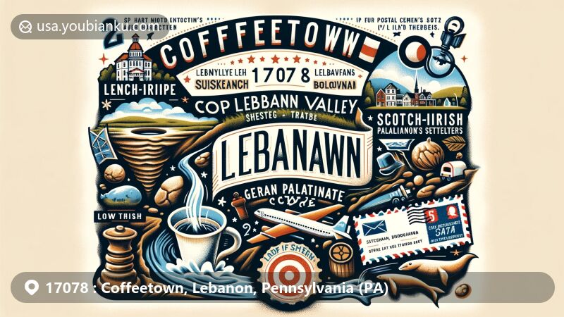 Modern illustration of Coffeetown, Lebanon, Pennsylvania, showcasing geological features like sinkholes in Lebanon Valley, historical significance of Lenape and Susquehannock tribes, Scottish-Irish and German Palatine settlers. Highlighting local product Lebanon Bologna and postal elements including vintage airmail envelope, stamp with ZIP code 17078, postal markings.