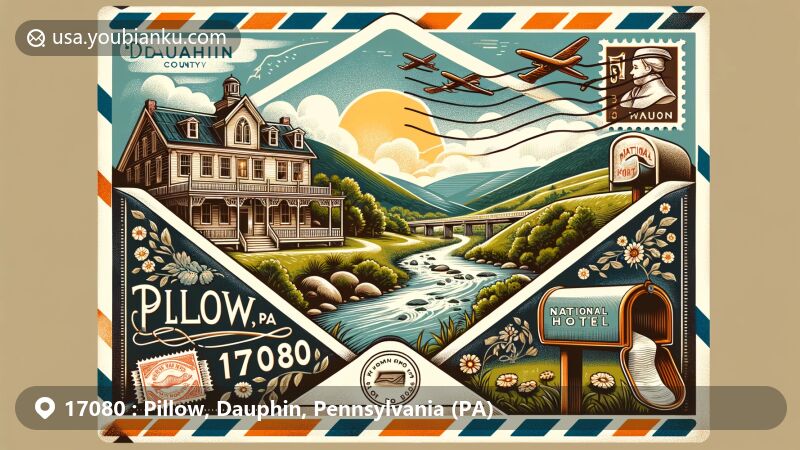Modern illustration of Pillow, Dauphin County, Pennsylvania, featuring postal theme with ZIP code 17080, showcasing Mahantango Creek, Mahantango Mountain, and the National Hotel as local landmarks.