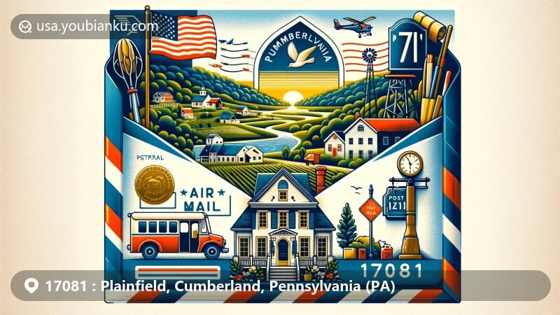 Modern illustration of Plainfield, Cumberland County, Pennsylvania, featuring a postal theme with ZIP code 17081, Pennsylvania state flag, local landscapes, and notable landmarks.