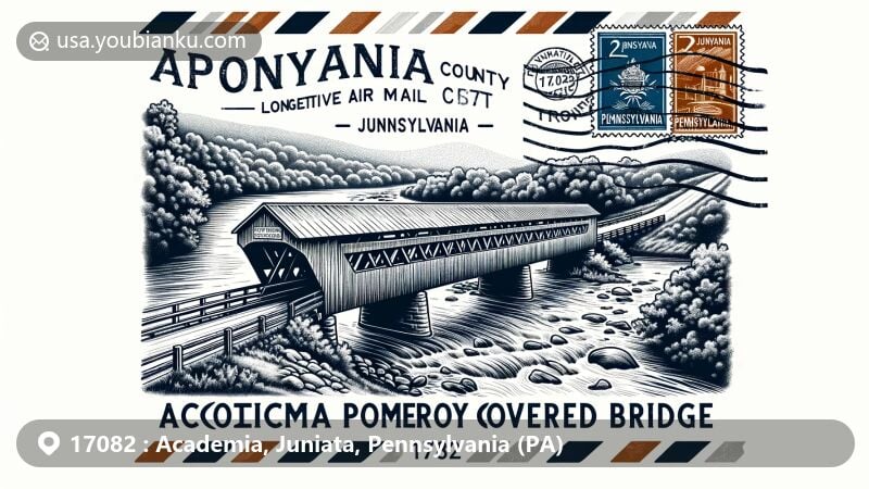 Modern illustration of Academia, Juniata, Pennsylvania, showcasing postal theme with ZIP code 17082, featuring Academia Pomeroy Covered Bridge, Juniata County outline, and Pennsylvania state flag.