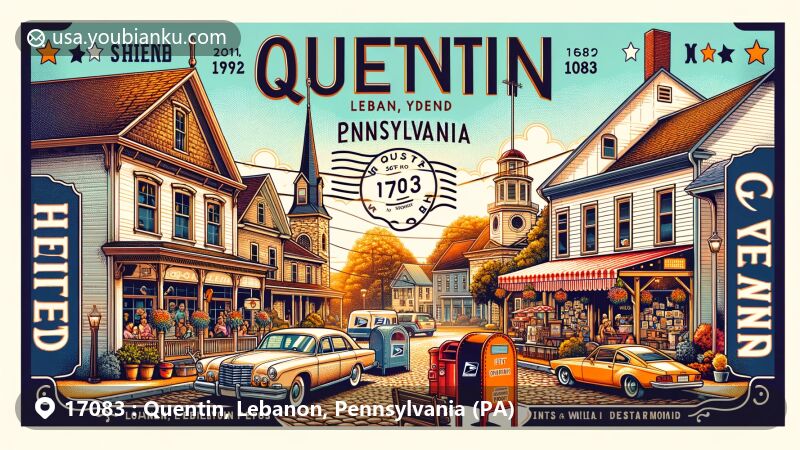 Modern illustration of Quentin, Lebanon County, Pennsylvania, capturing its postal-themed charm with local community elements like a coffee shop and a Pennsylvania Dutch-styled family restaurant, highlighting social hubs and culinary heritage, and including vintage postcard format, antique mailbox, and ZIP code 17083.