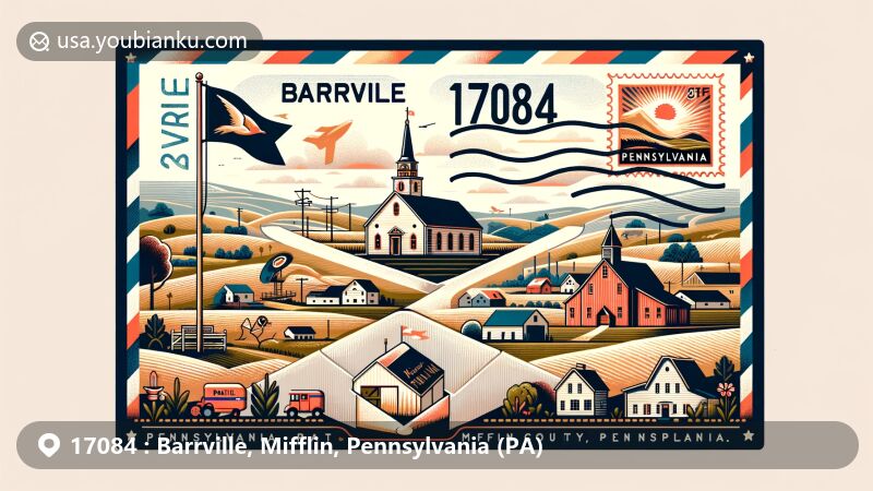 Modern illustration of Barrville, Mifflin County, Pennsylvania, capturing ZIP code 17084 with mail-themed design and state symbols, set against a backdrop of rural beauty and cultural heritage.