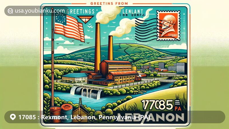 Modern postcard illustration of Rexmont, Lebanon County, PA, featuring Pennsylvania state flag, Lebanon County map, and Cornwall Iron Furnace elements, with postal theme showcasing ZIP code 17085.