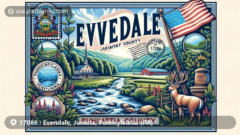 Modern illustration of Evendale, Juniata County, Pennsylvania, featuring postal theme with ZIP code 17086, blending rural scenery and Pennsylvania state symbols.