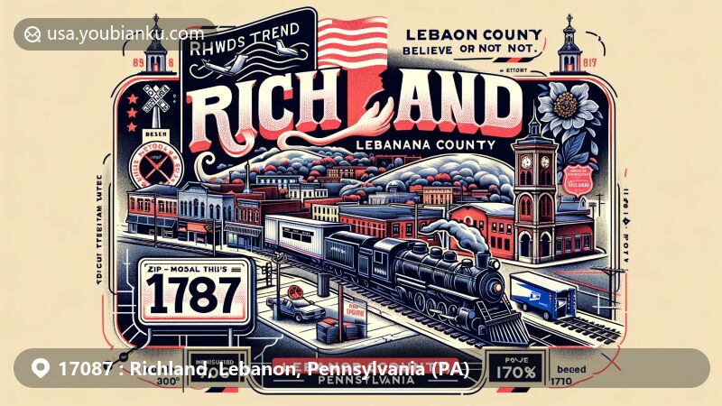 Modern illustration of Richland, Lebanon County, Pennsylvania, combining cultural and historical elements with postal themes, featuring railroad crossing, borough status since 1906, air mail envelope, stamp with ZIP code 17087, postal truck, mailbox, stylized map of Richland, Pennsylvania state flag.