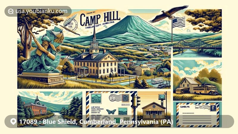 Modern illustration of Camp Hill, Cumberland County, Pennsylvania, featuring natural landscapes like Blue Mountain and Yellow Breeches Creek, alongside landmarks like Carlisle Barracks and Dickinson College, with postal elements like vintage postcards and mail-related icons.