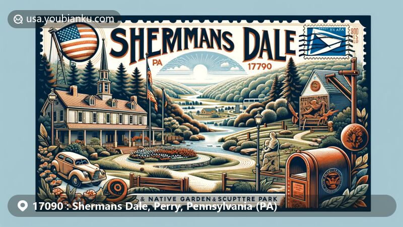 Modern illustration of Shermans Dale, Pennsylvania, highlighting Appalachian Mountain scenery and The Bower: Native Garden and Sculpture Park, featuring Pennsylvania state flag and postal symbols with ZIP code 17090.