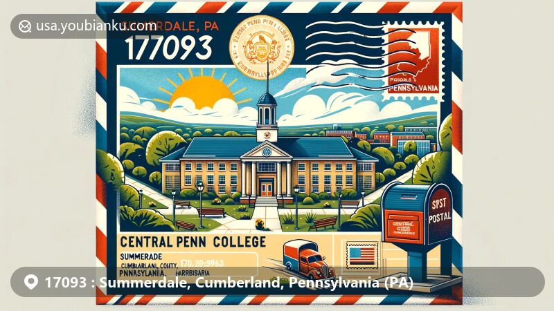 Modern illustration of Central Penn College, Summerdale, Cumberland County, Pennsylvania, showcasing educational and postal theme with ZIP code 17093, featuring suburban campus setting and Pennsylvania state flag.