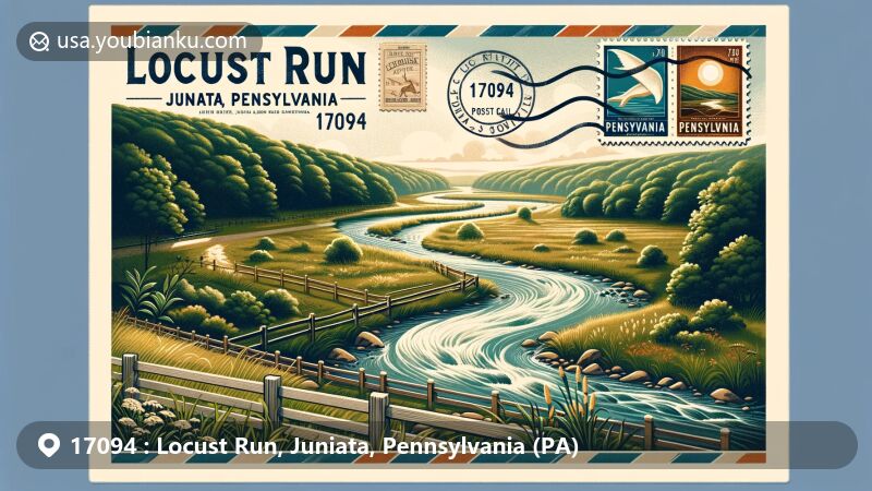 Modern illustration of Locust Run, Juniata County, Pennsylvania, featuring ZIP code 17094, postal elements, and serene natural landscapes with a stream winding through lush greenery.