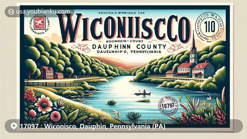 Modern illustration of Wiconisco, Dauphin County, Pennsylvania, showcasing postal theme with ZIP code 17097, featuring lush greenery and natural landmarks like Wiconisco Creek.