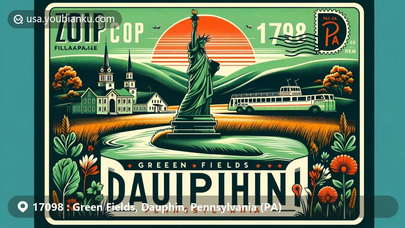 Modern illustration of Green Fields, Dauphin, Pennsylvania, highlighting ZIP Code 17098, featuring Dauphin Narrows Statue of Liberty and vintage postcard elements, with a vibrant color palette.