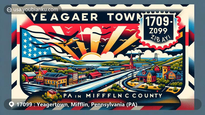 Modern illustration of Yeagertown, Mifflin County, Pennsylvania, featuring ZIP code 17099, creatively blending local geography, cultural elements, and postal theme.