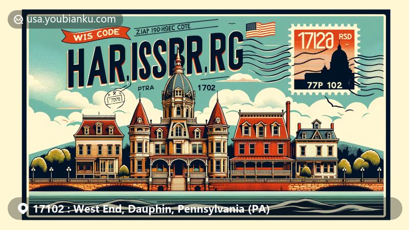 Modern illustration of Harrisburg, Pennsylvania, featuring Queen Anne architecture of Old Uptown Historic District with turrets, bay windows, and porch trims, highlighting Harrisburg State Capitol, Susquehanna River, vintage air mail envelope, and ZIP code 17102.